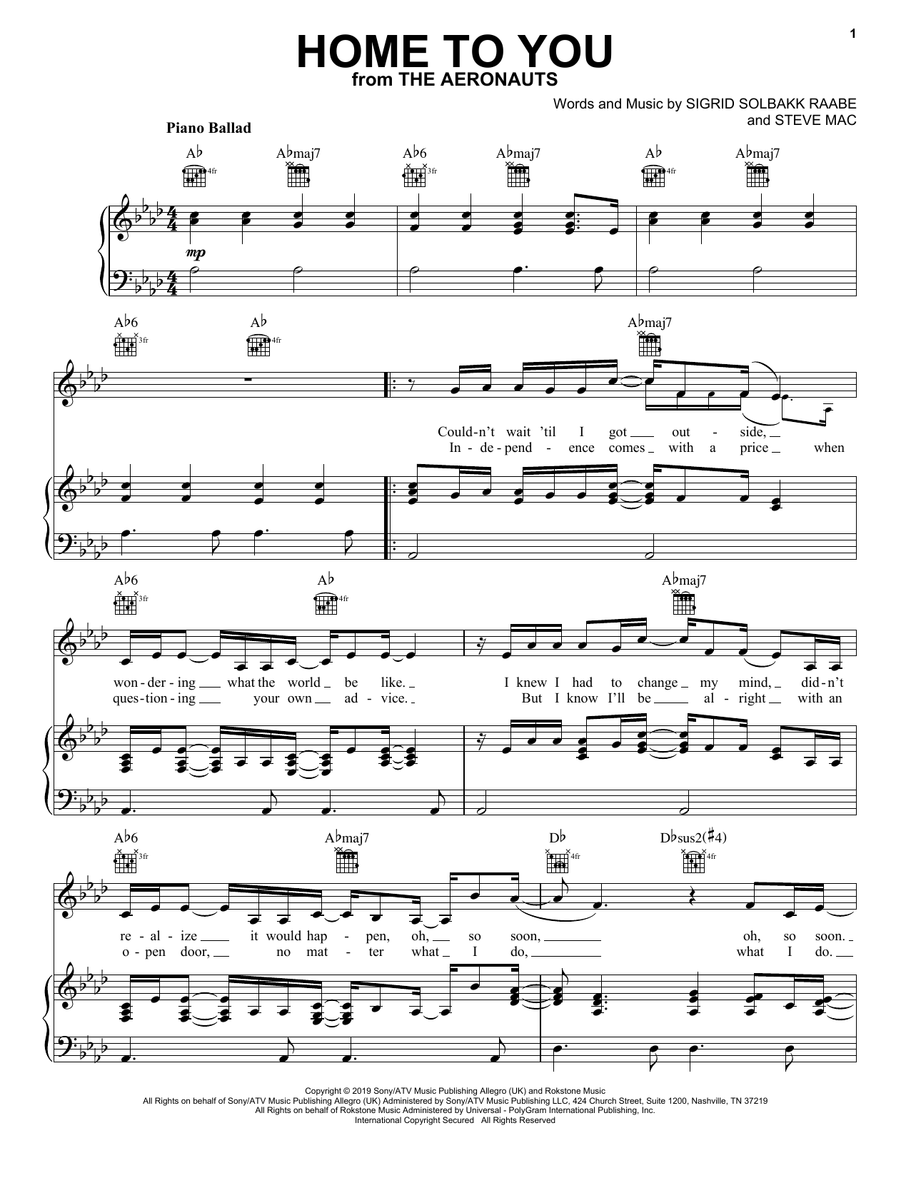 Sigrid Home To You (from The Aeronauts) sheet music notes and chords arranged for Piano, Vocal & Guitar Chords (Right-Hand Melody)