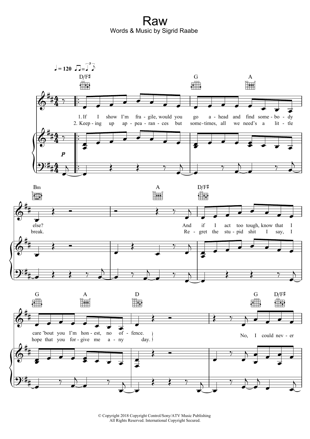 Sigrid Raw sheet music notes and chords arranged for Piano, Vocal & Guitar Chords