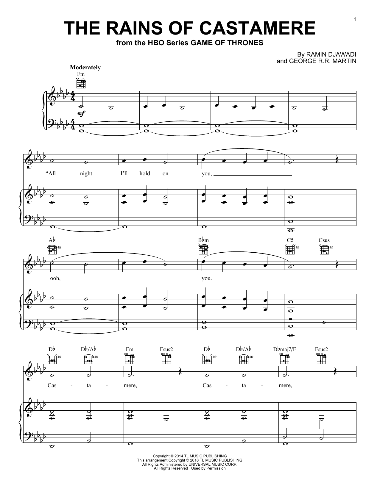 Sigur Ros The Rains Of Castamere (from Game of Thrones) sheet music notes and chords arranged for Piano, Vocal & Guitar Chords (Right-Hand Melody)