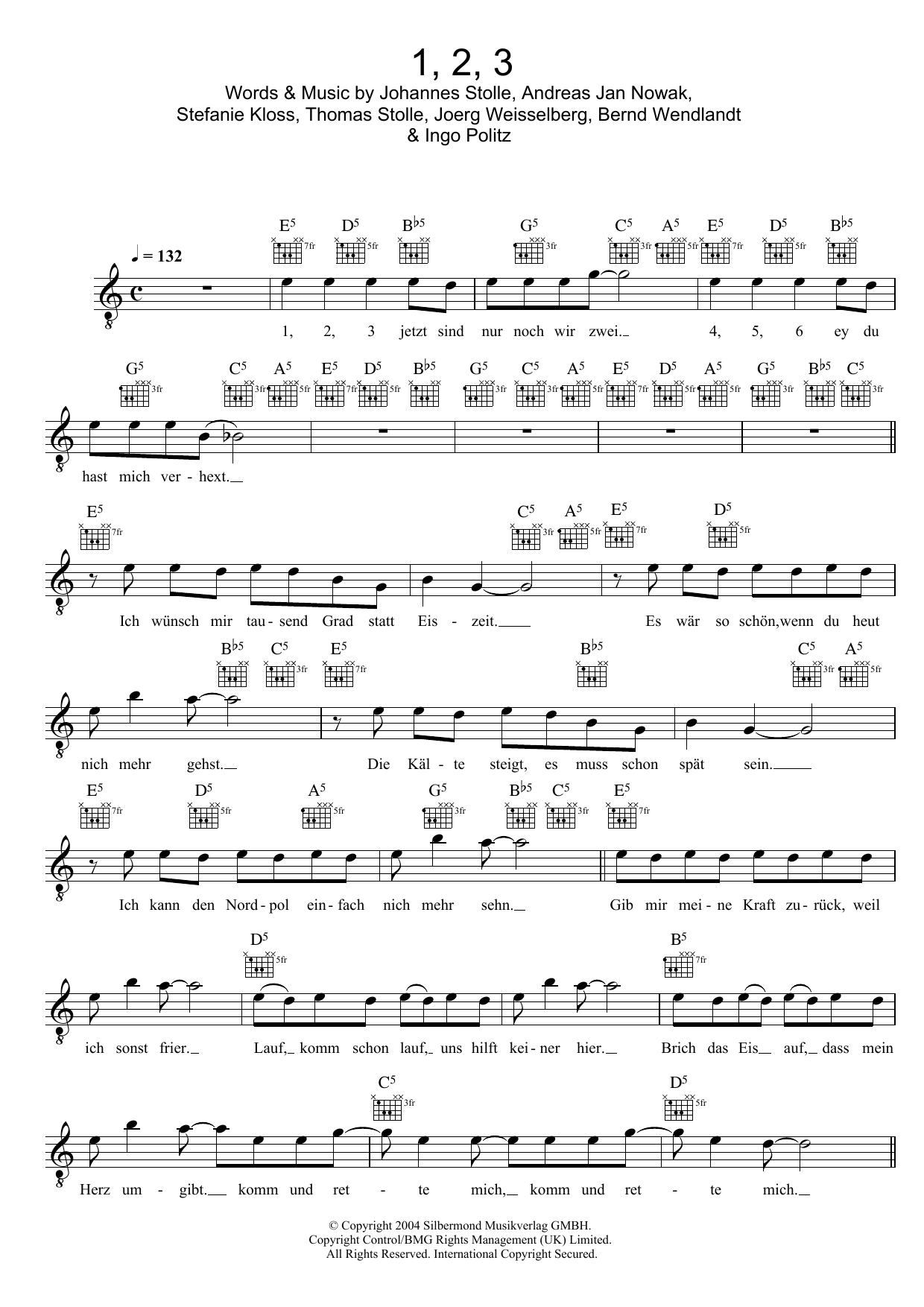 Silbermond 1, 2, 3 sheet music notes and chords arranged for Lead Sheet / Fake Book