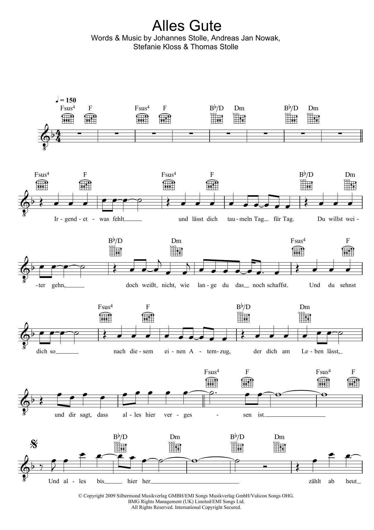 Silbermond Alles Gute sheet music notes and chords arranged for Lead Sheet / Fake Book