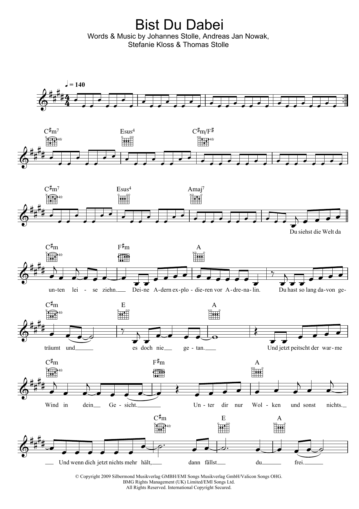 Silbermond Bist Du Dabei sheet music notes and chords arranged for Lead Sheet / Fake Book