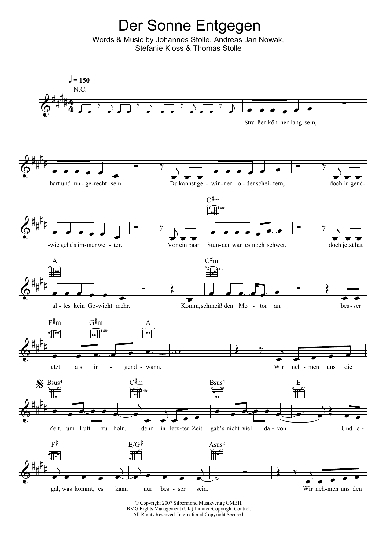 Silbermond Der Sonne Entgegen sheet music notes and chords arranged for Lead Sheet / Fake Book