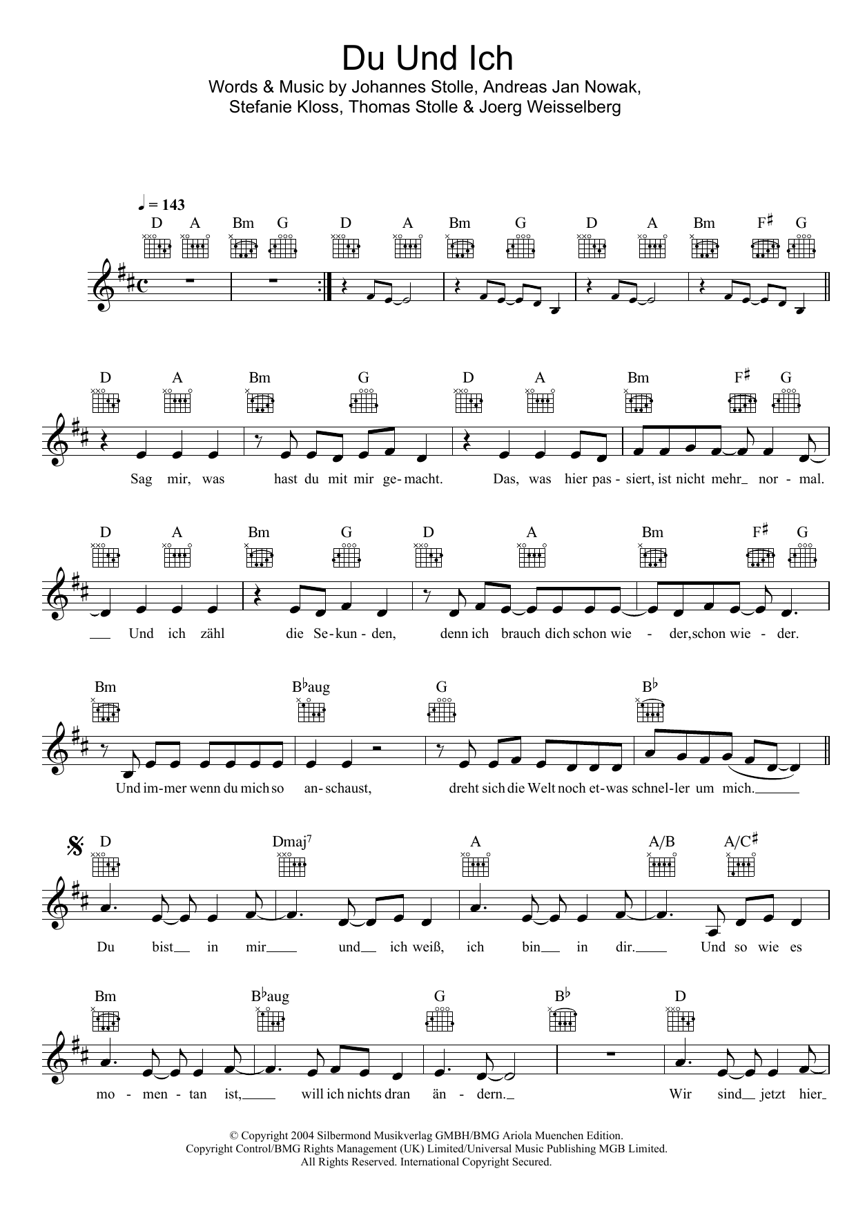 Silbermond Du Und Ich sheet music notes and chords arranged for Lead Sheet / Fake Book