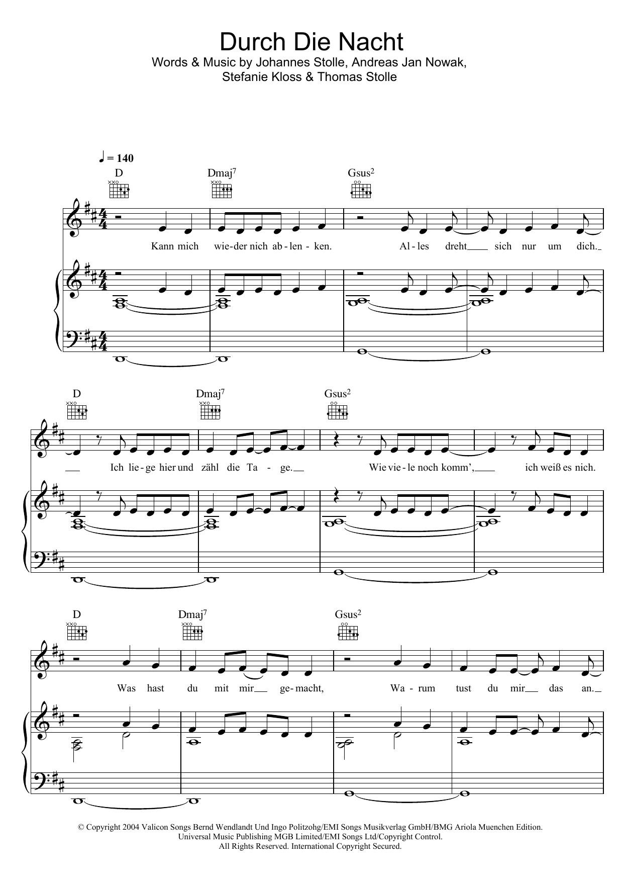 Silbermond Durch Die Nacht sheet music notes and chords arranged for Piano, Vocal & Guitar Chords
