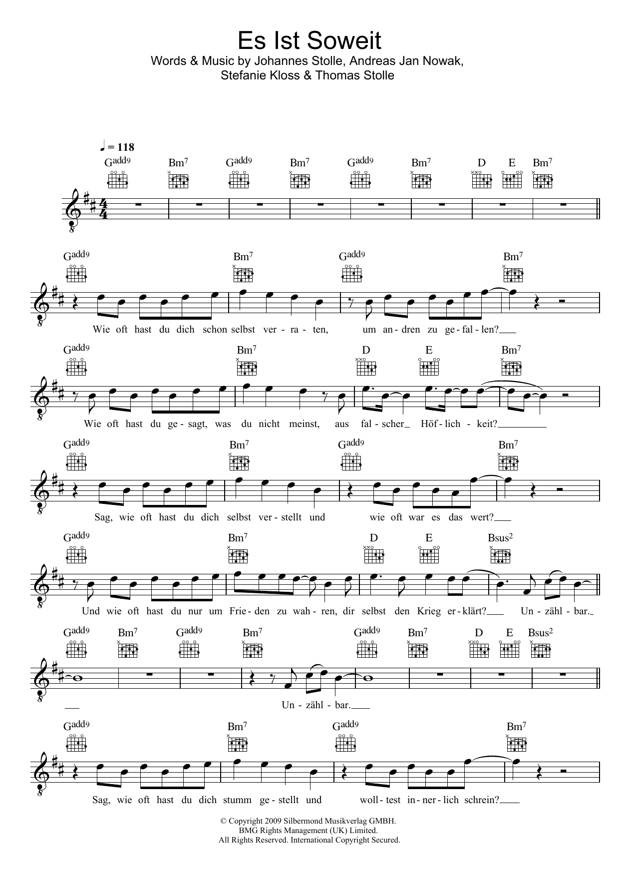 Silbermond Es Ist Soweit sheet music notes and chords arranged for Lead Sheet / Fake Book