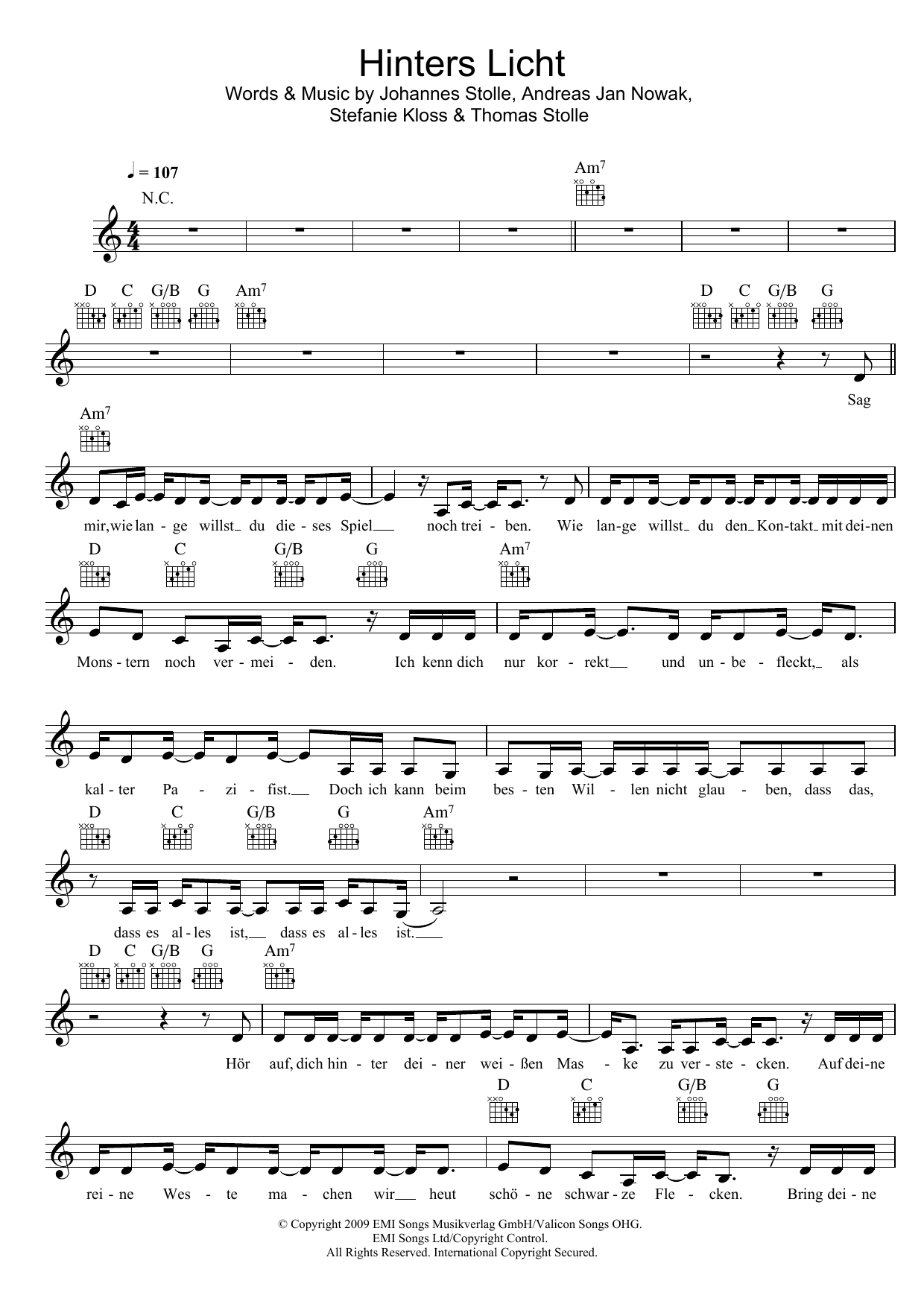 Silbermond Hinters Licht sheet music notes and chords arranged for Lead Sheet / Fake Book