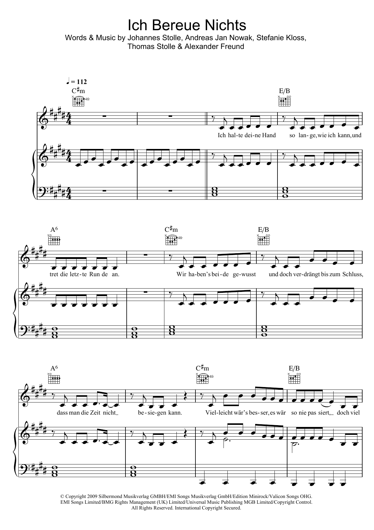 Silbermond Ich Bereue Nichts sheet music notes and chords arranged for Piano, Vocal & Guitar Chords