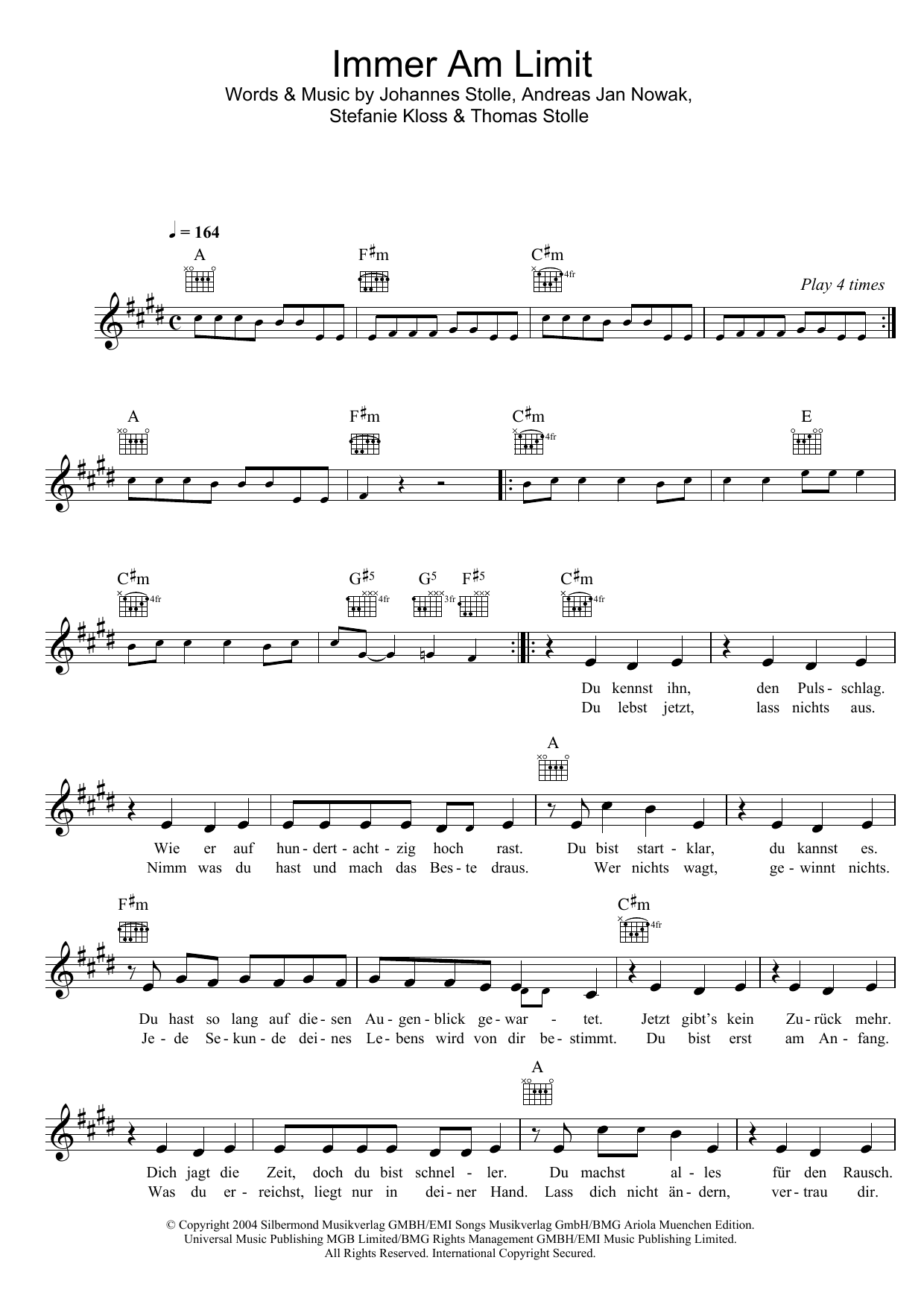 Silbermond Immer Am Limit sheet music notes and chords arranged for Lead Sheet / Fake Book