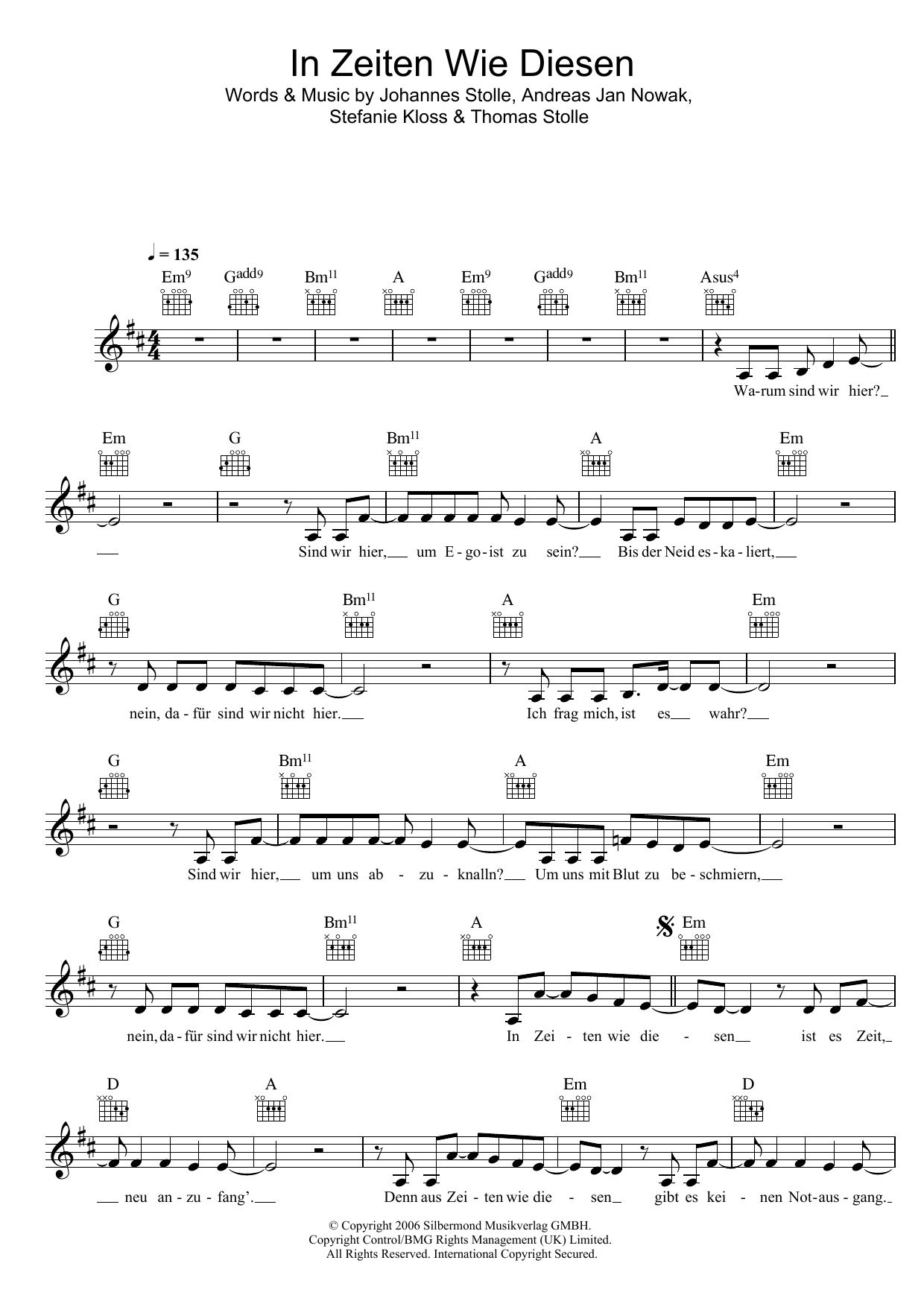 Silbermond In Zeiten Wie Diesen sheet music notes and chords arranged for Lead Sheet / Fake Book