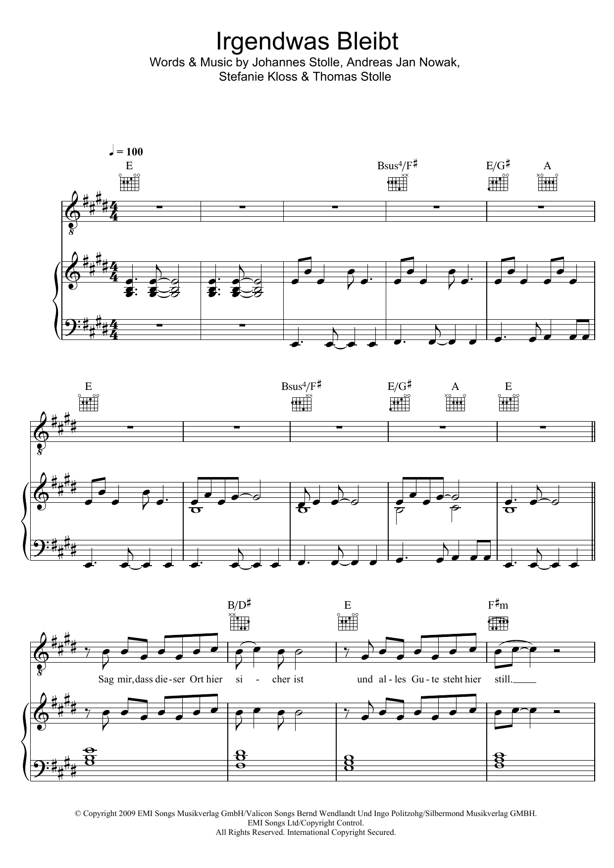 Silbermond Irgendwas Bleibt sheet music notes and chords arranged for Piano, Vocal & Guitar Chords