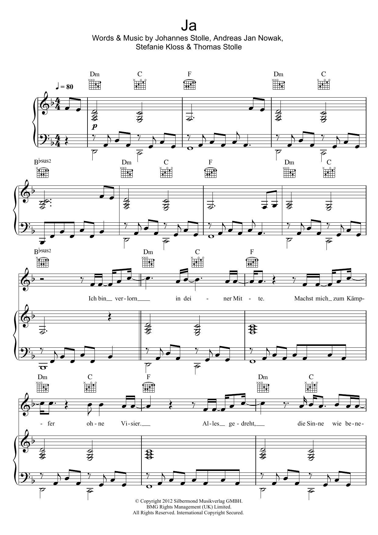 Silbermond Ja sheet music notes and chords arranged for Piano & Vocal