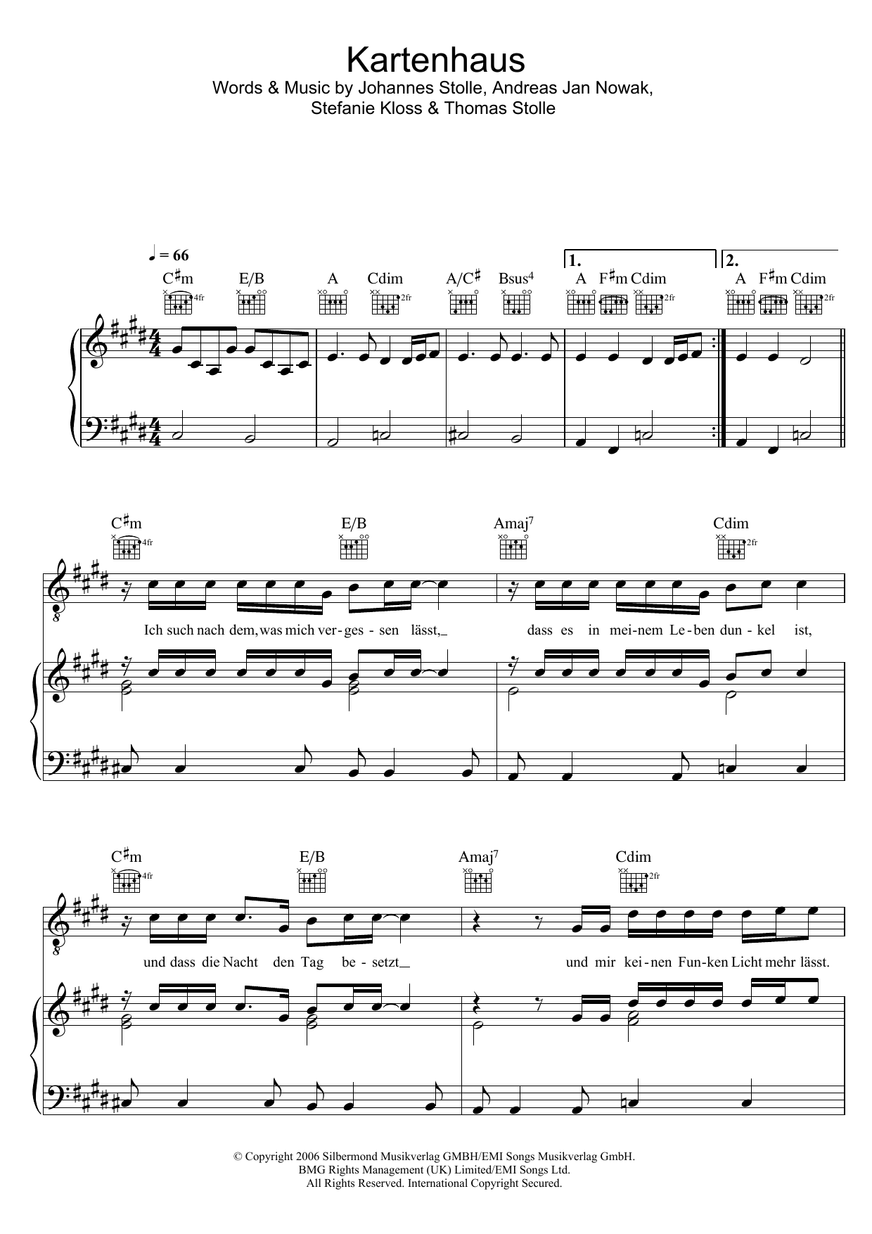 Silbermond Kartenhaus sheet music notes and chords arranged for Piano, Vocal & Guitar Chords