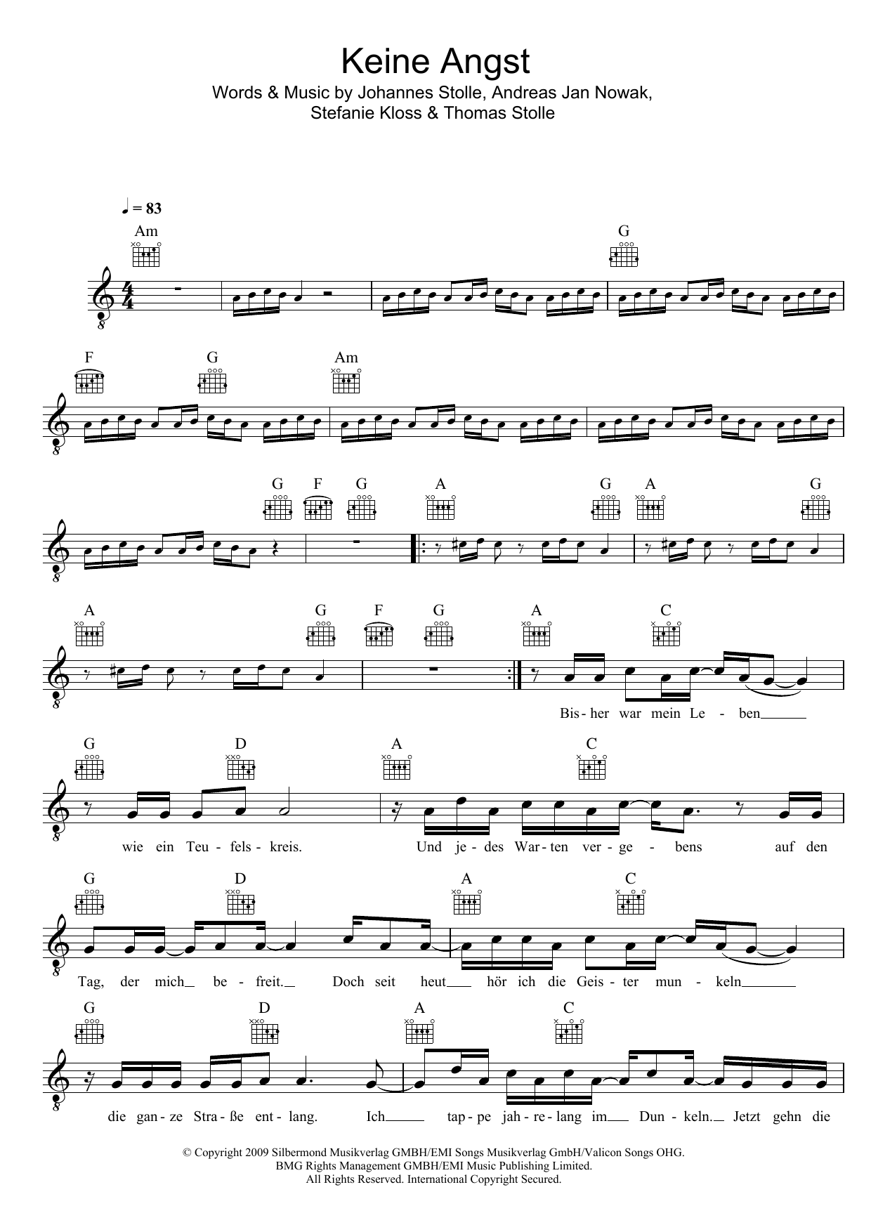 Silbermond Keine Angst sheet music notes and chords arranged for Lead Sheet / Fake Book
