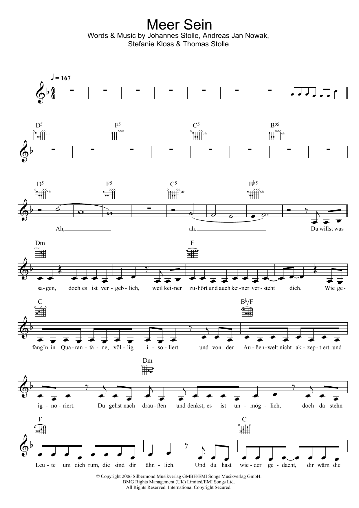 Silbermond Meer Sein sheet music notes and chords arranged for Lead Sheet / Fake Book