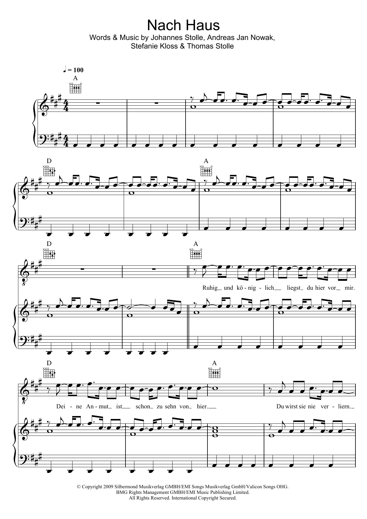 Silbermond Nach Haus sheet music notes and chords arranged for Piano, Vocal & Guitar Chords