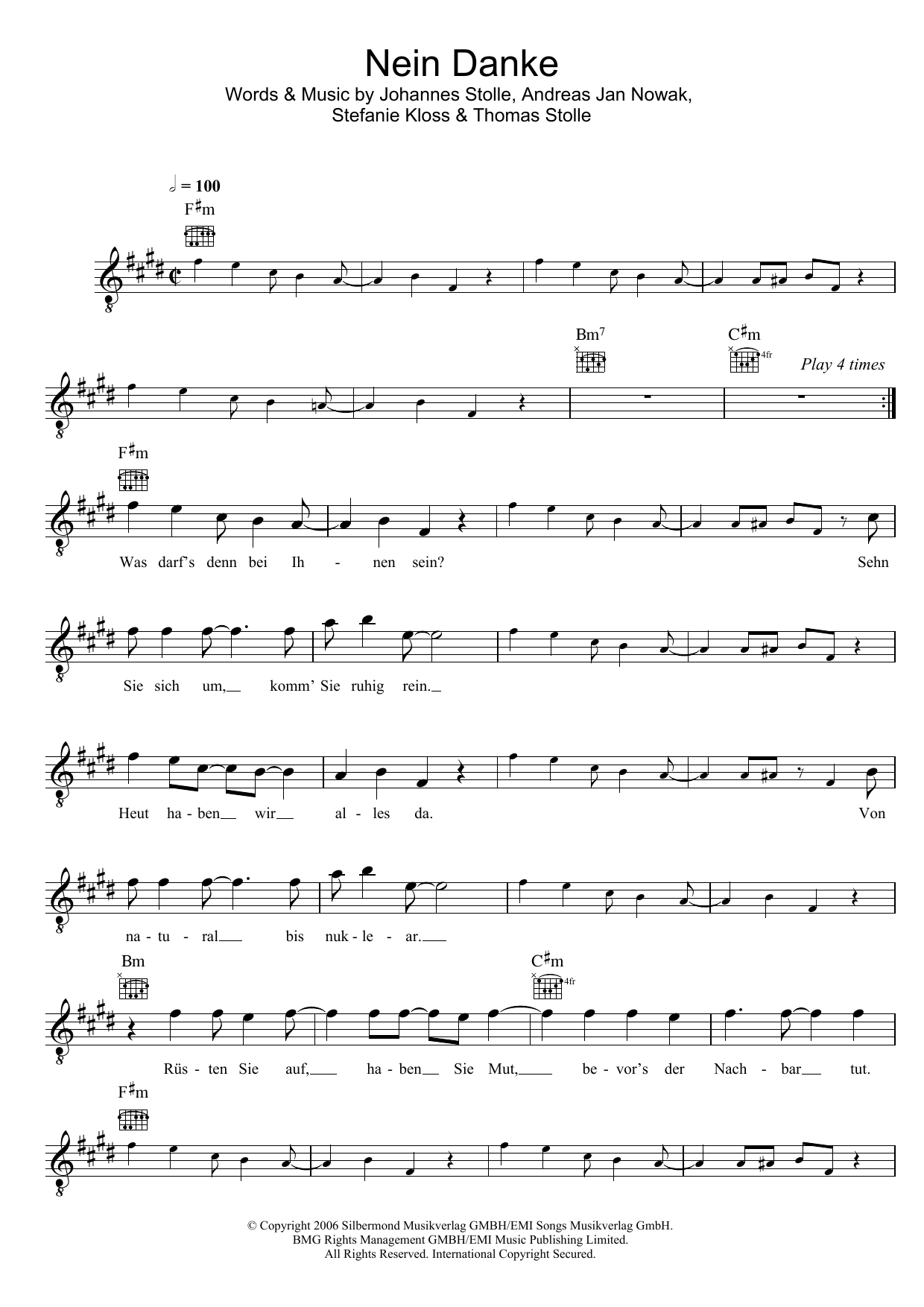Silbermond Nein Danke sheet music notes and chords arranged for Lead Sheet / Fake Book