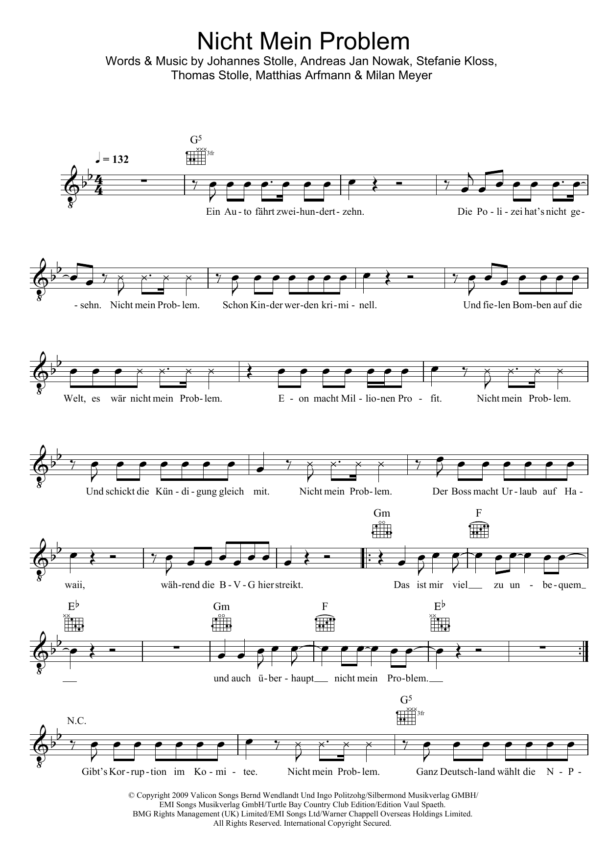 Silbermond Nicht Mein Problem sheet music notes and chords arranged for Lead Sheet / Fake Book