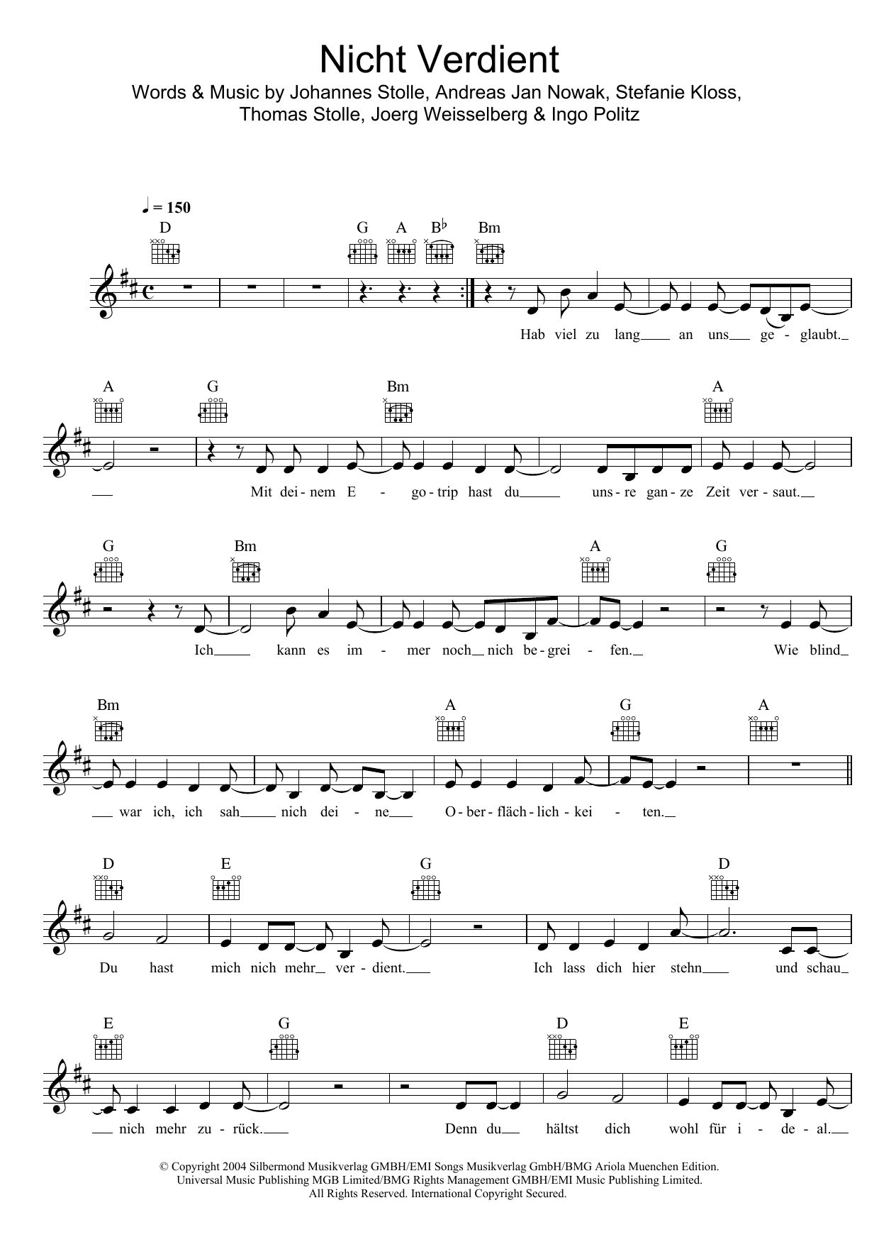 Silbermond Nicht Verdient sheet music notes and chords arranged for Lead Sheet / Fake Book