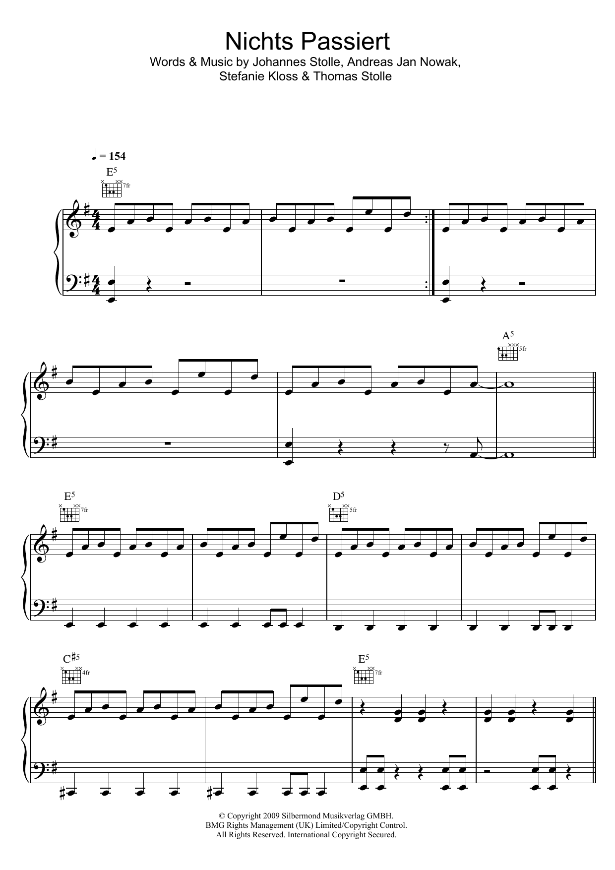 Silbermond Nichts Passiert sheet music notes and chords arranged for Piano, Vocal & Guitar Chords
