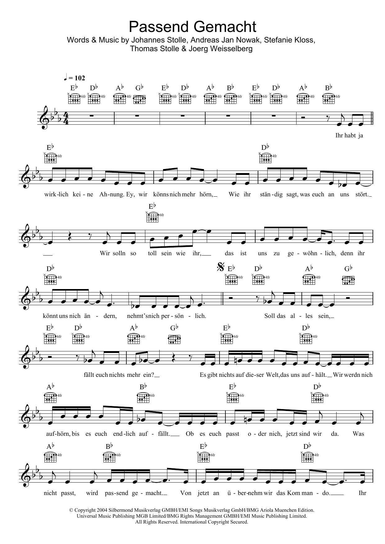 Silbermond Passend Gemacht sheet music notes and chords arranged for Lead Sheet / Fake Book