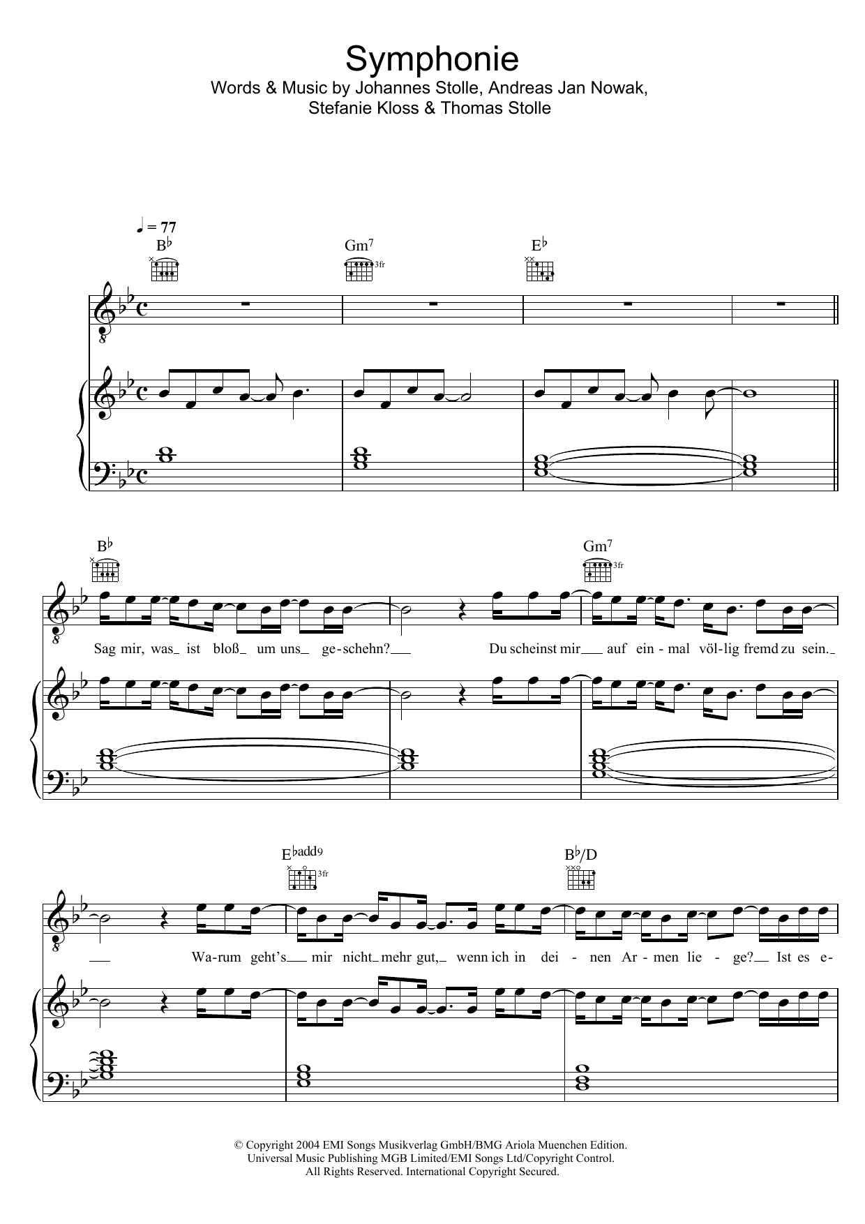 Silbermond Symphonie sheet music notes and chords arranged for Piano, Vocal & Guitar Chords