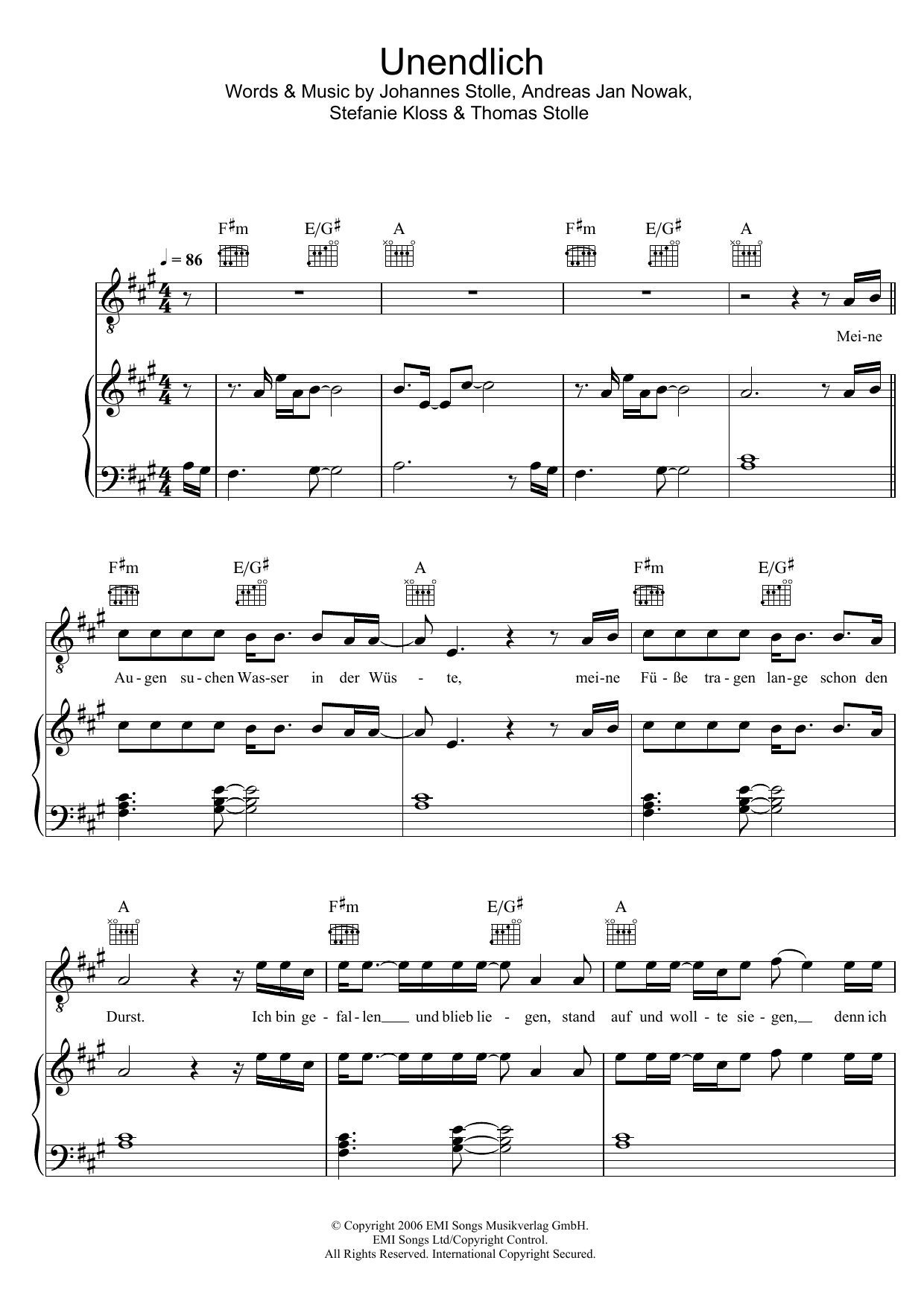 Silbermond Unendlich sheet music notes and chords arranged for Piano, Vocal & Guitar Chords