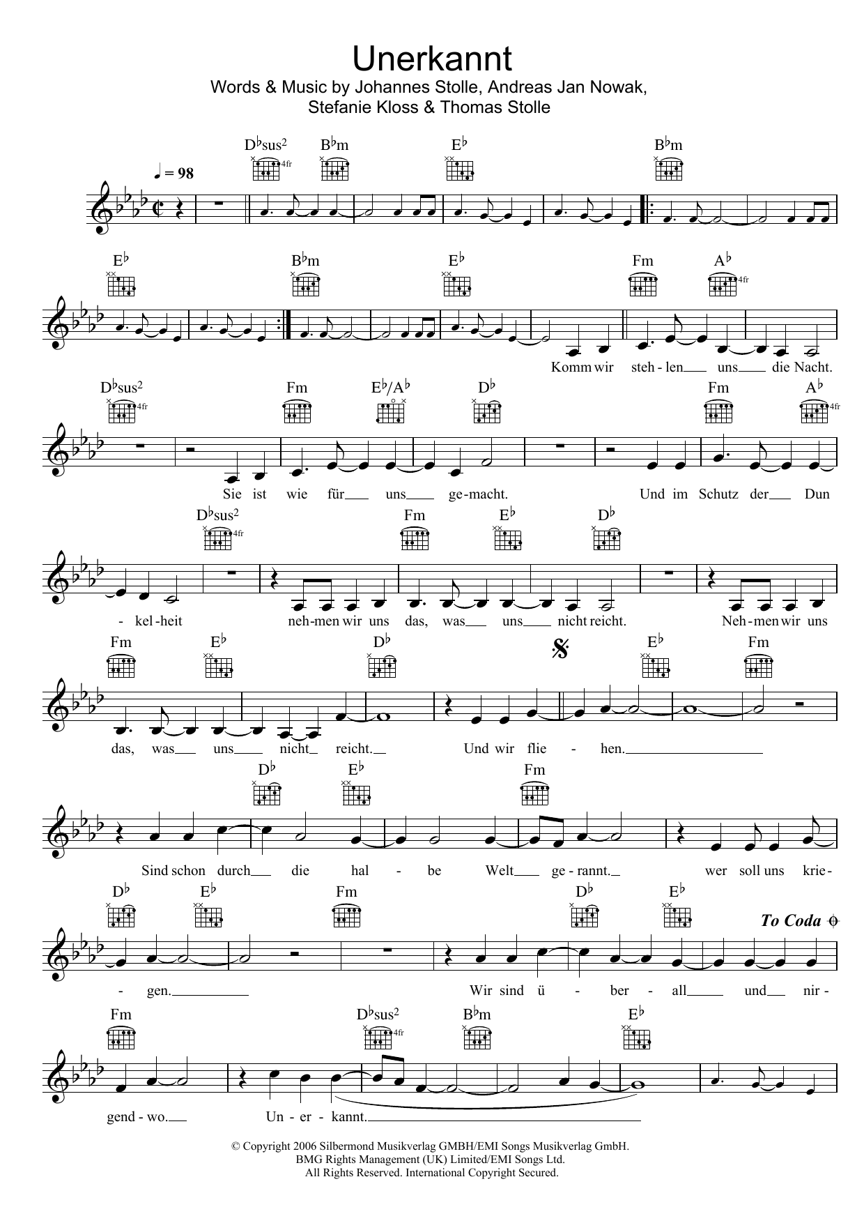 Silbermond Unerkannt sheet music notes and chords arranged for Lead Sheet / Fake Book