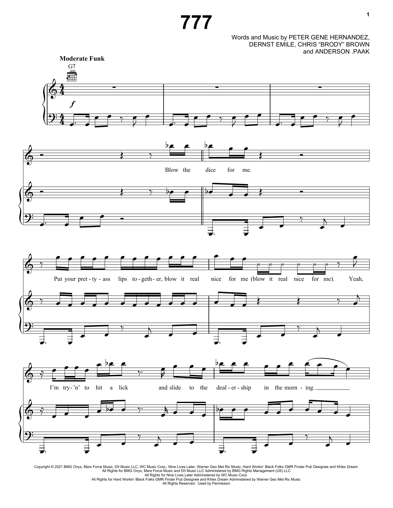 Silk Sonic 777 sheet music notes and chords arranged for Piano, Vocal & Guitar Chords (Right-Hand Melody)