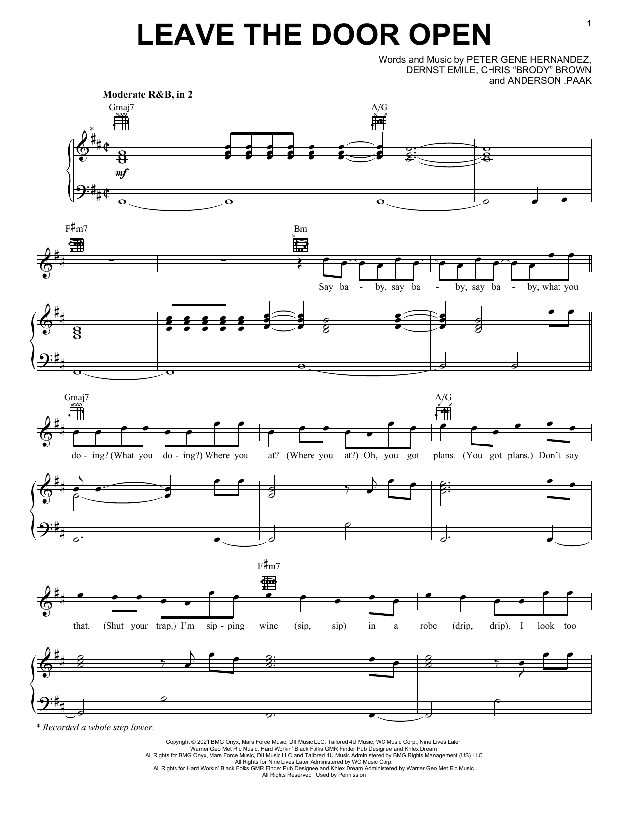 Silk Sonic Leave The Door Open sheet music notes and chords arranged for Piano, Vocal & Guitar Chords (Right-Hand Melody)