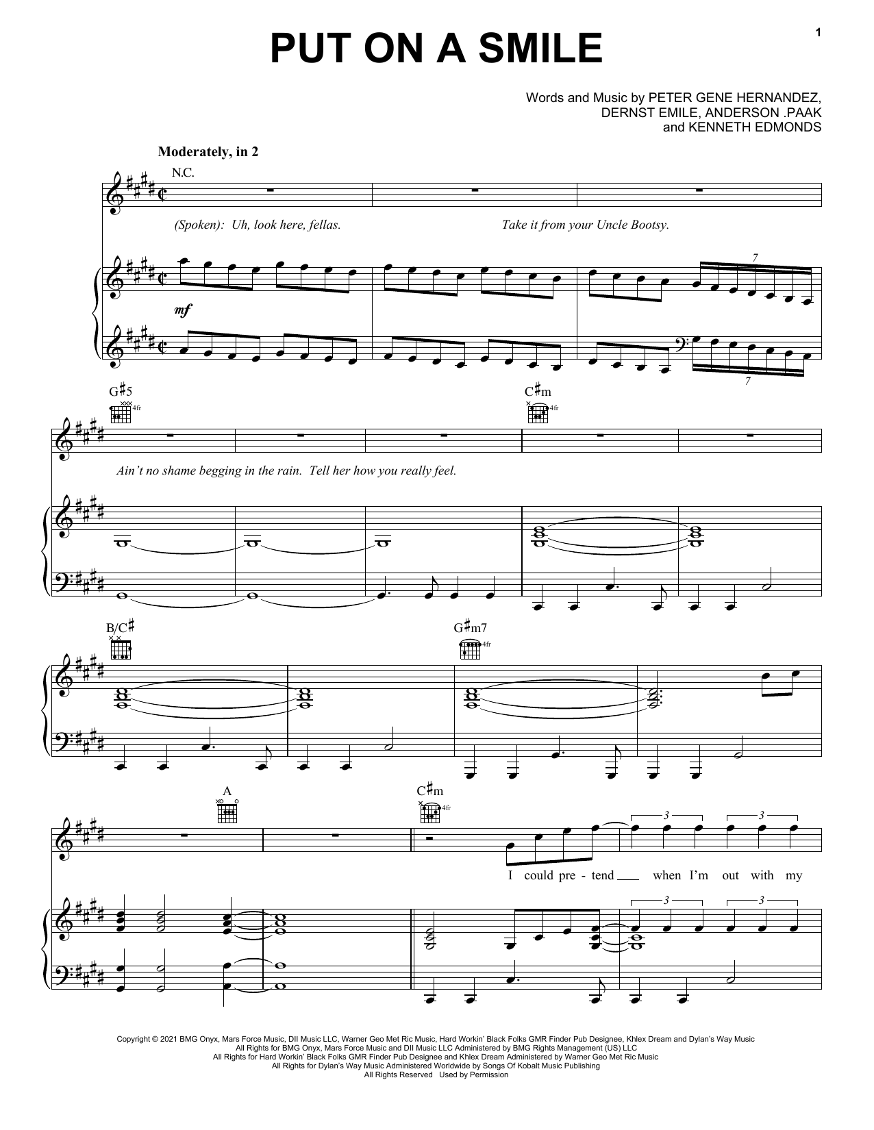 Silk Sonic Put On A Smile sheet music notes and chords arranged for Piano, Vocal & Guitar Chords (Right-Hand Melody)