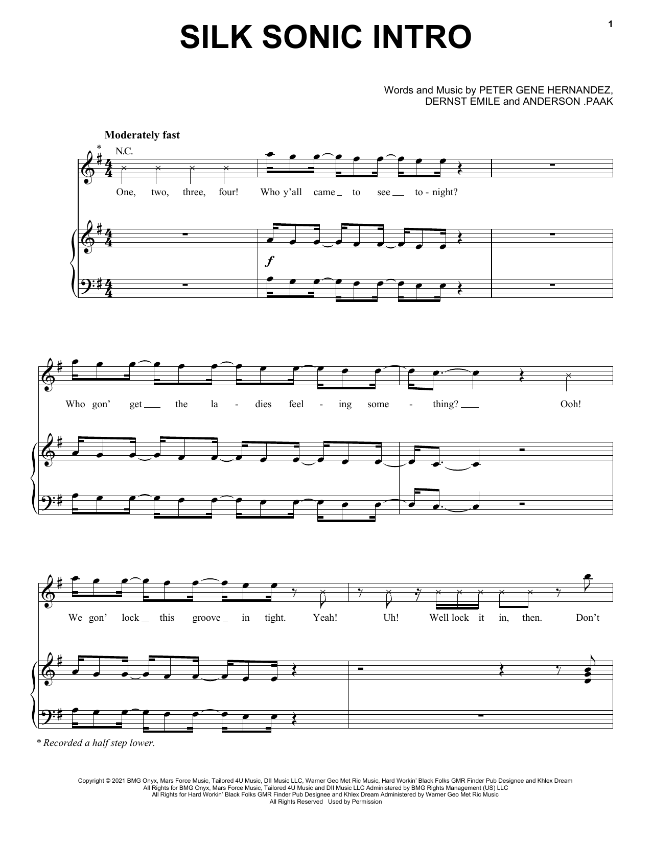 Silk Sonic Silk Sonic Intro sheet music notes and chords arranged for Piano, Vocal & Guitar Chords (Right-Hand Melody)