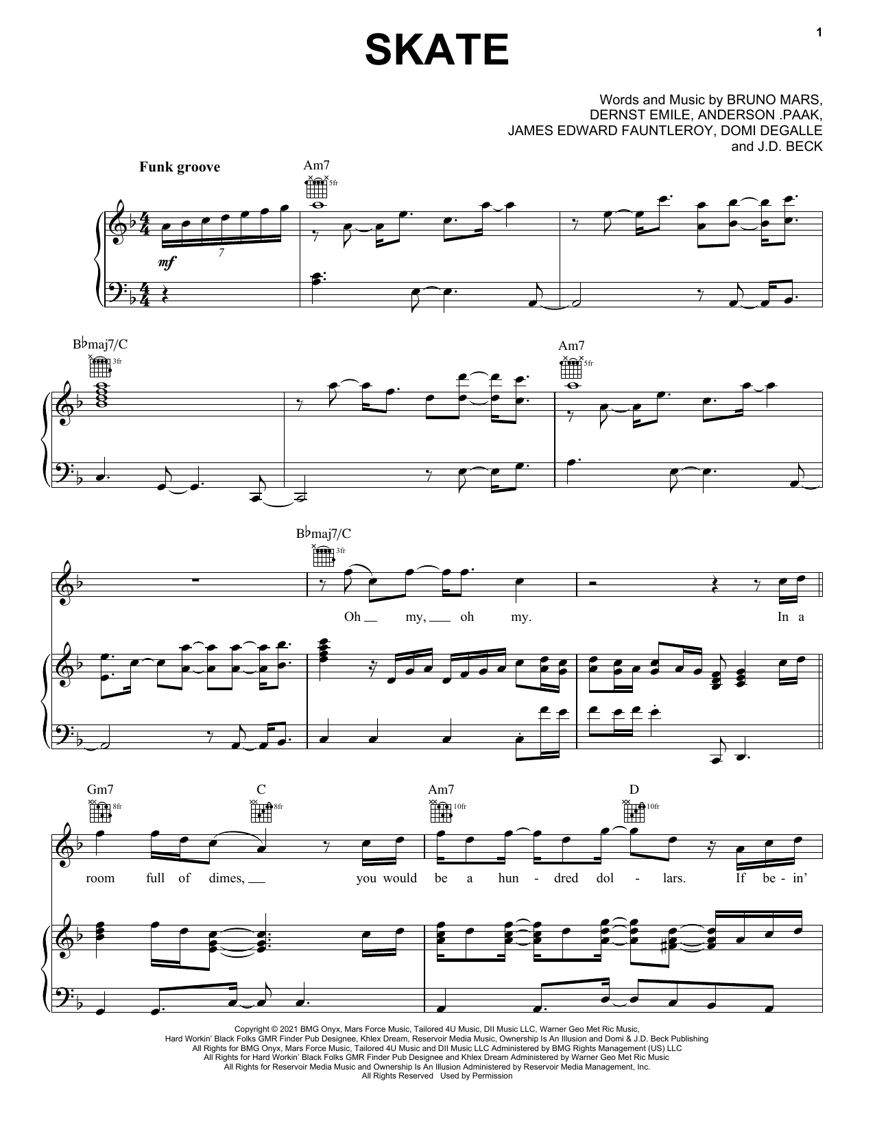 Silk Sonic Skate sheet music notes and chords arranged for Piano, Vocal & Guitar Chords (Right-Hand Melody)