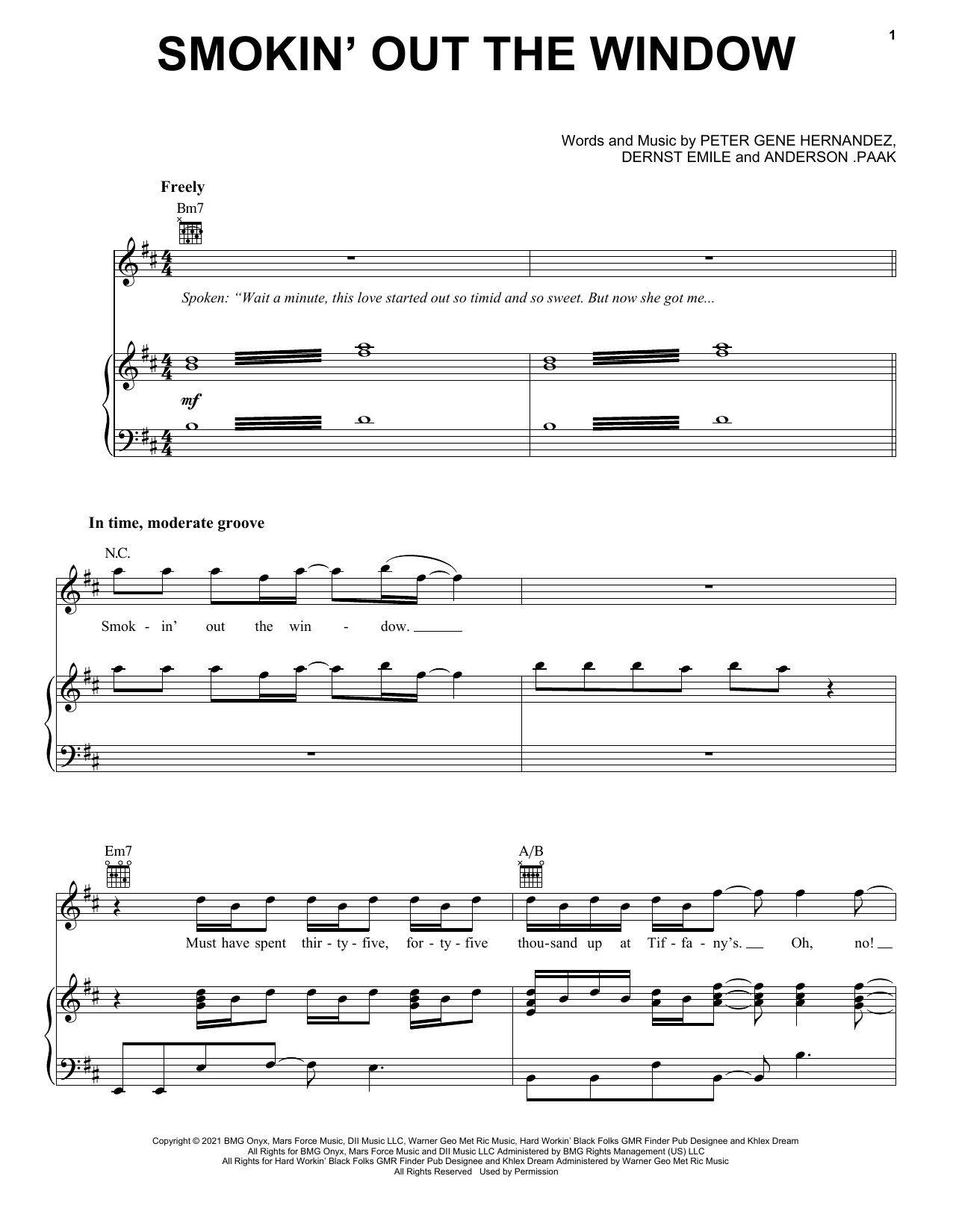 Silk Sonic Smokin' Out The Window sheet music notes and chords arranged for Easy Guitar Tab