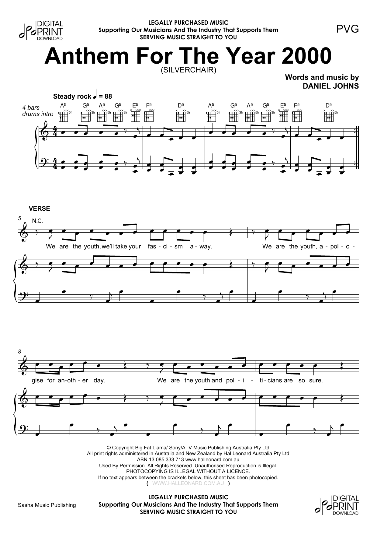 Silverchair Anthem For The Year 2000 sheet music notes and chords arranged for Piano, Vocal & Guitar Chords (Right-Hand Melody)