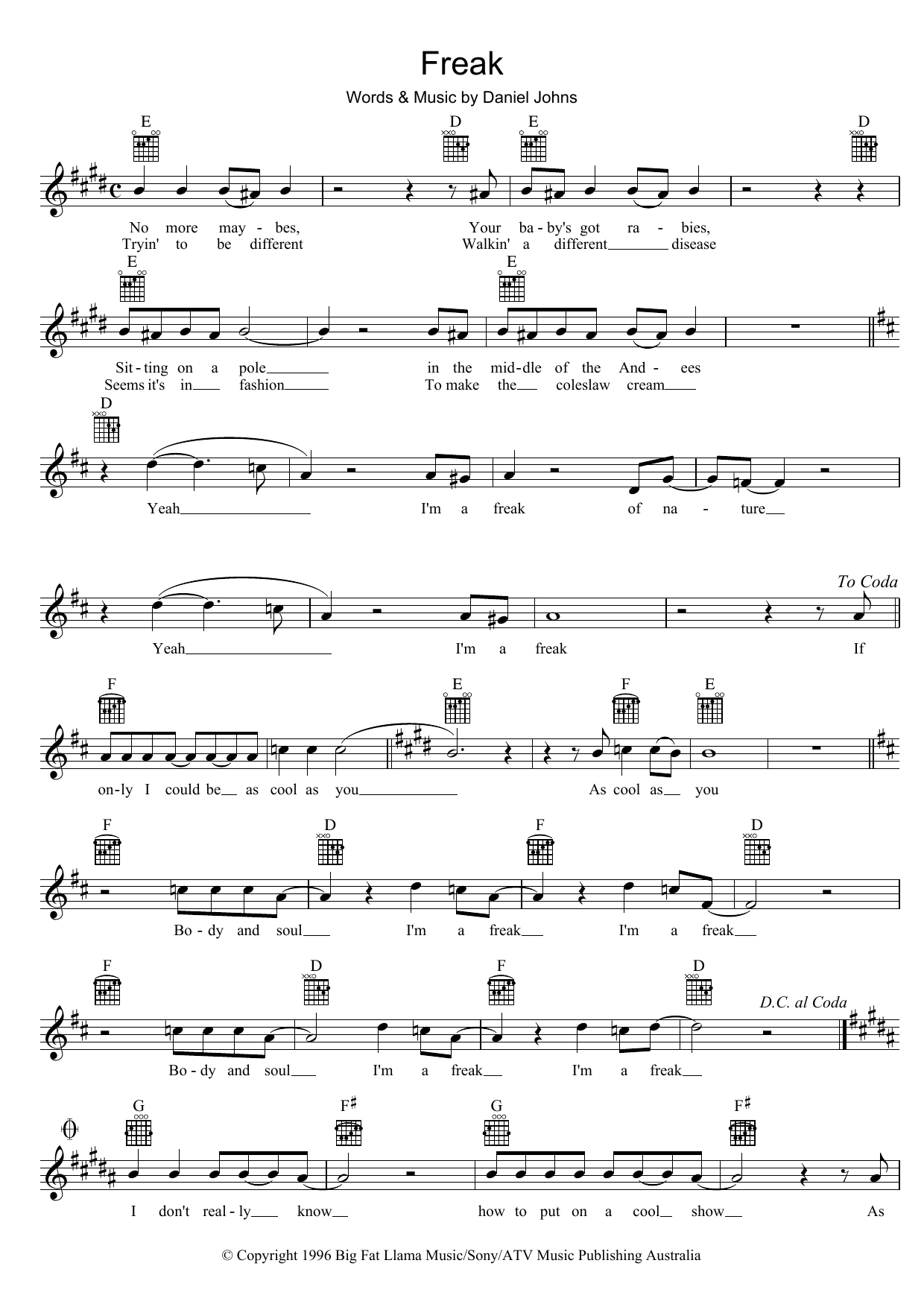 Silverchair Freak sheet music notes and chords arranged for Piano, Vocal & Guitar Chords (Right-Hand Melody)