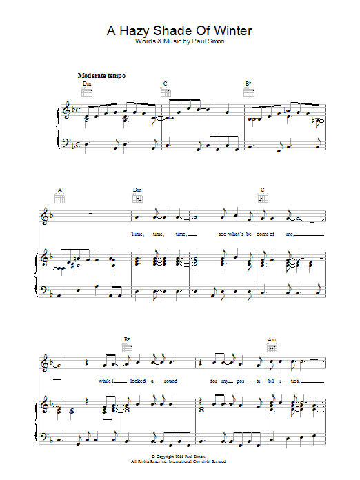 Simon & Garfunkel A Hazy Shade Of Winter sheet music notes and chords arranged for Piano Solo
