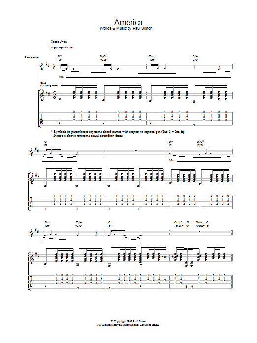 Simon & Garfunkel America sheet music notes and chords arranged for Guitar Lead Sheet