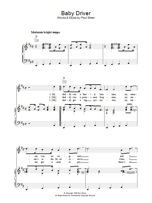Simon & Garfunkel Baby Driver sheet music notes and chords arranged for Piano, Vocal & Guitar Chords