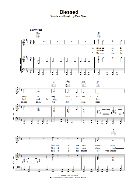Simon & Garfunkel Blessed sheet music notes and chords arranged for Piano, Vocal & Guitar Chords