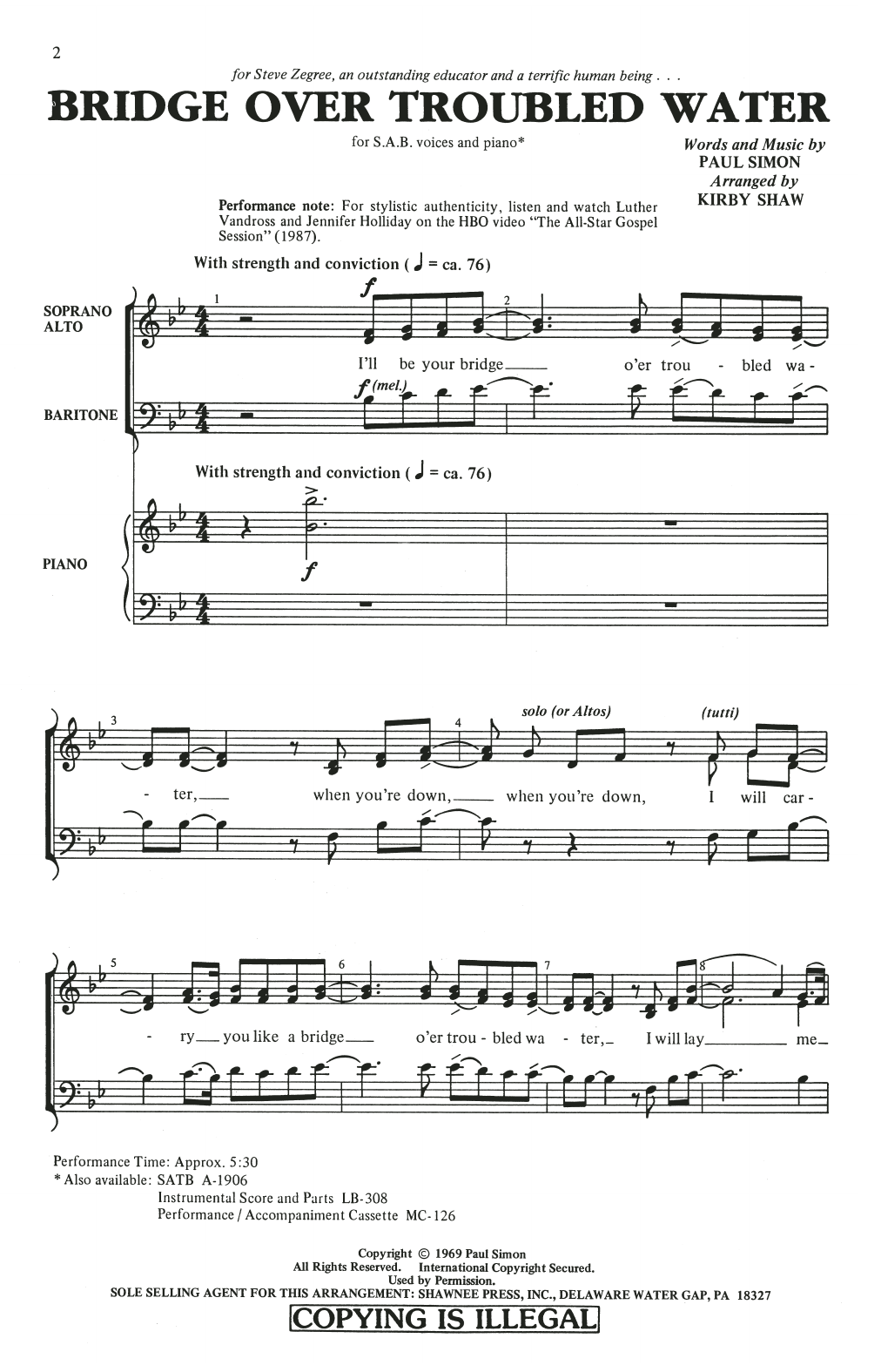 Simon & Garfunkel Bridge Over Troubled Water (arr. Kirby Shaw) sheet music notes and chords arranged for SAB Choir