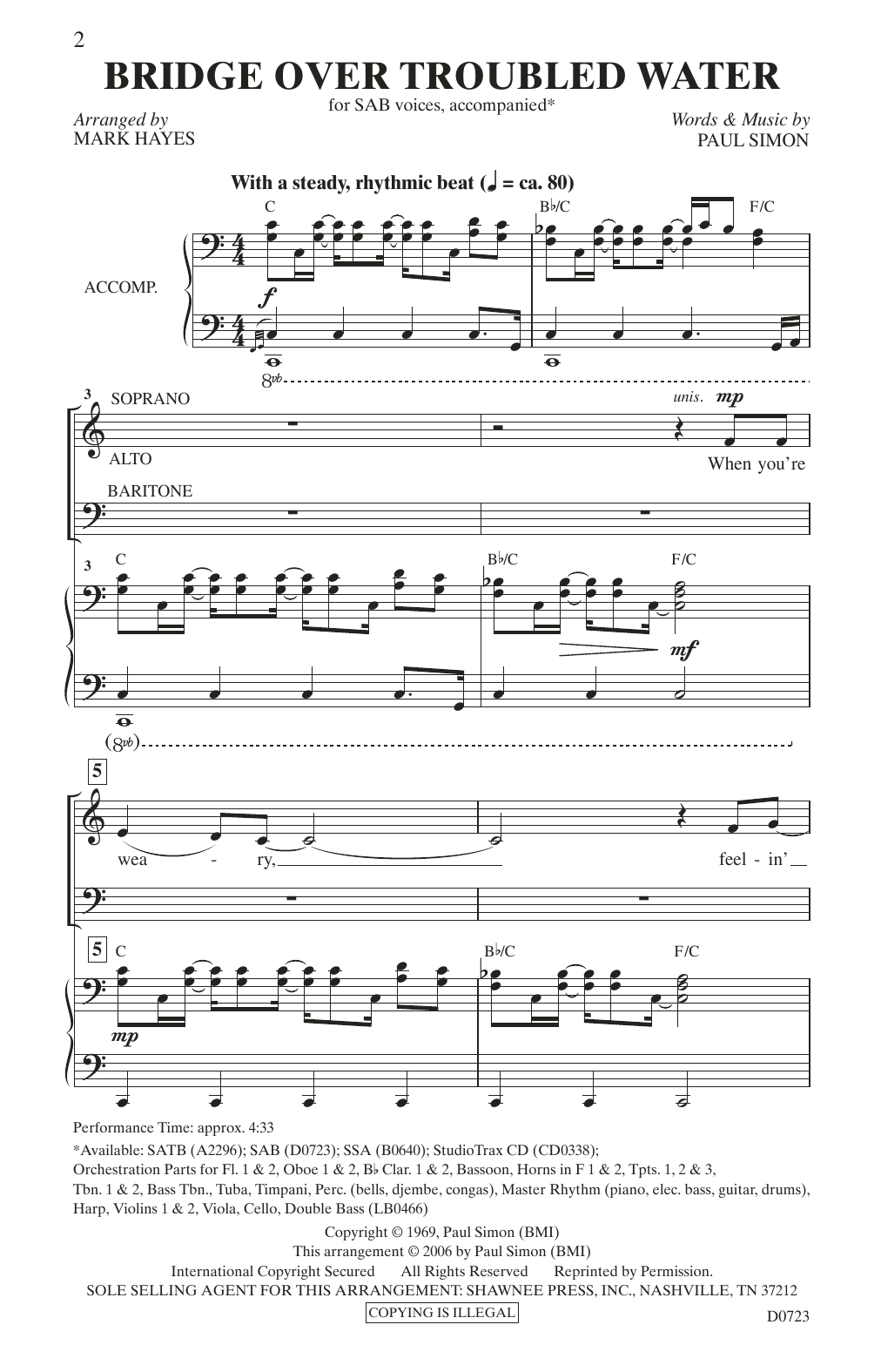 Simon & Garfunkel Bridge Over Troubled Water (arr. Mark Hayes) sheet music notes and chords arranged for SATB Choir