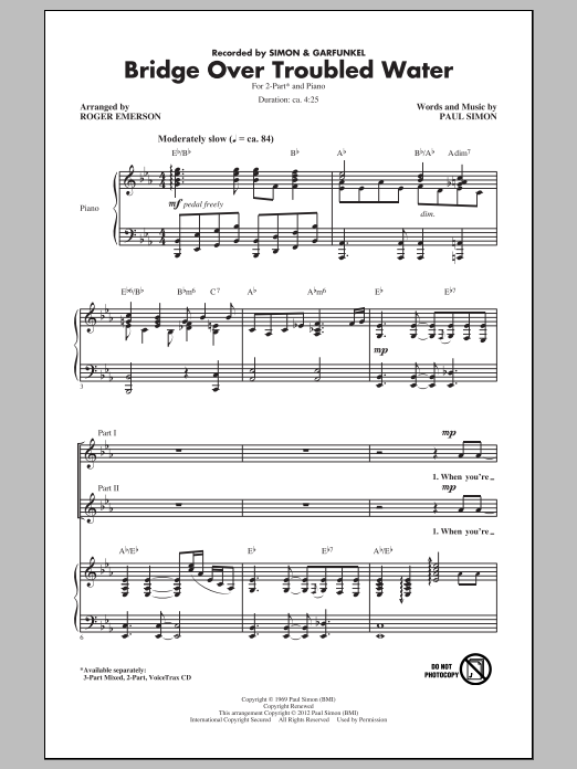 Simon & Garfunkel Bridge Over Troubled Water (arr. Roger Emerson) sheet music notes and chords arranged for 2-Part Choir