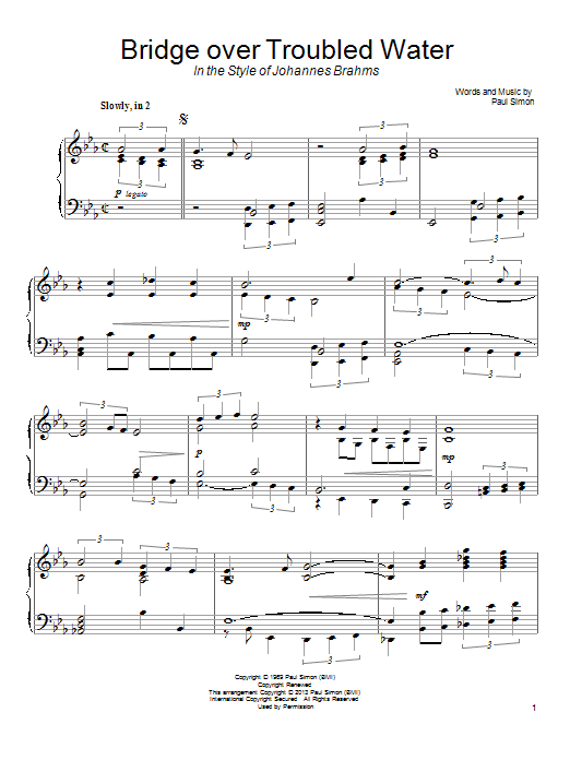 Simon & Garfunkel Bridge Over Troubled Water (in the style of Johannes Brahms) sheet music notes and chords arranged for Piano Solo