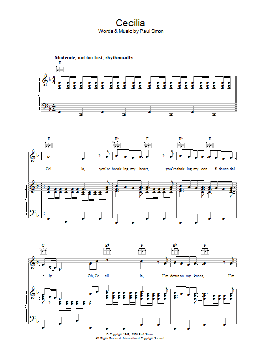Simon & Garfunkel Cecilia sheet music notes and chords arranged for Piano Chords/Lyrics