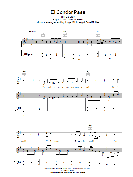 Simon & Garfunkel El Condor Pasa (If I Could) sheet music notes and chords arranged for Piano Chords/Lyrics