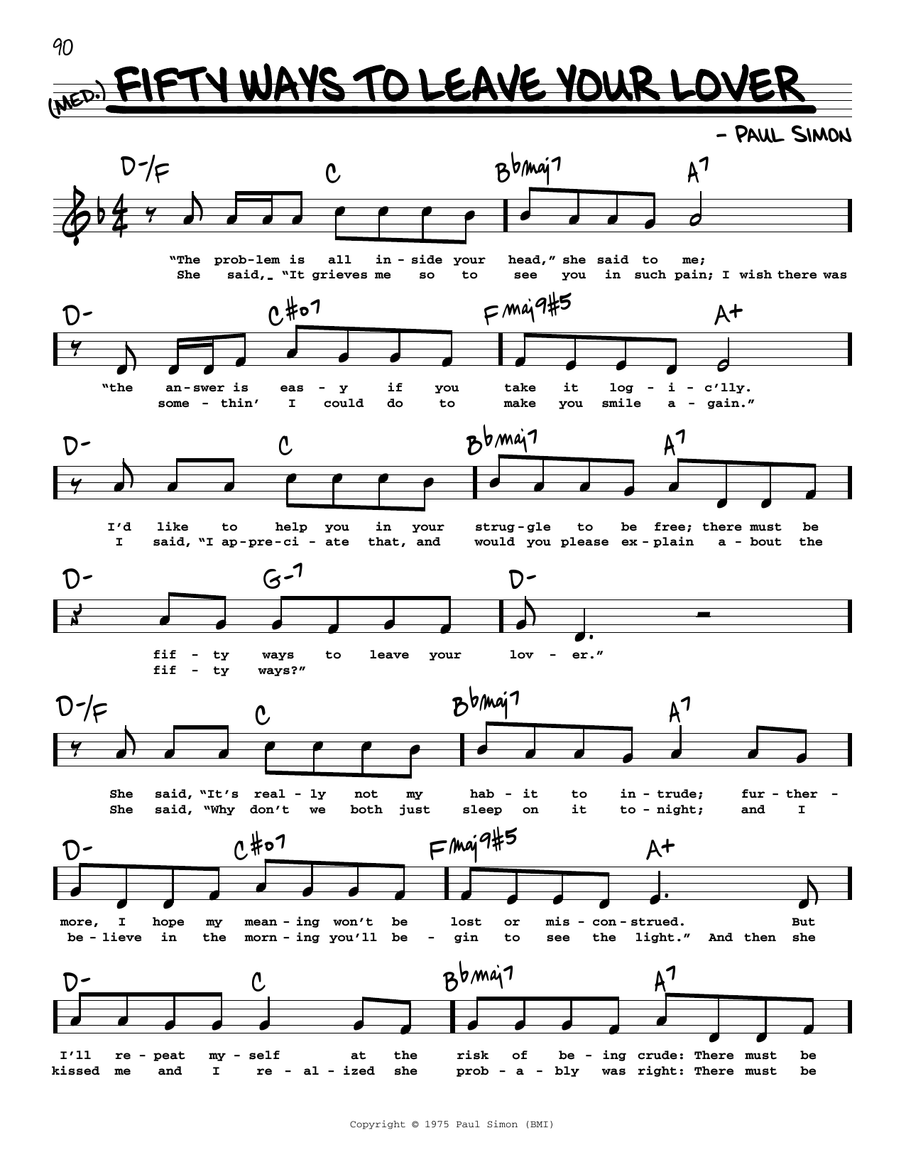 Simon & Garfunkel Fifty Ways To Leave Your Lover (High Voice) sheet music notes and chords arranged for Real Book – Melody, Lyrics & Chords