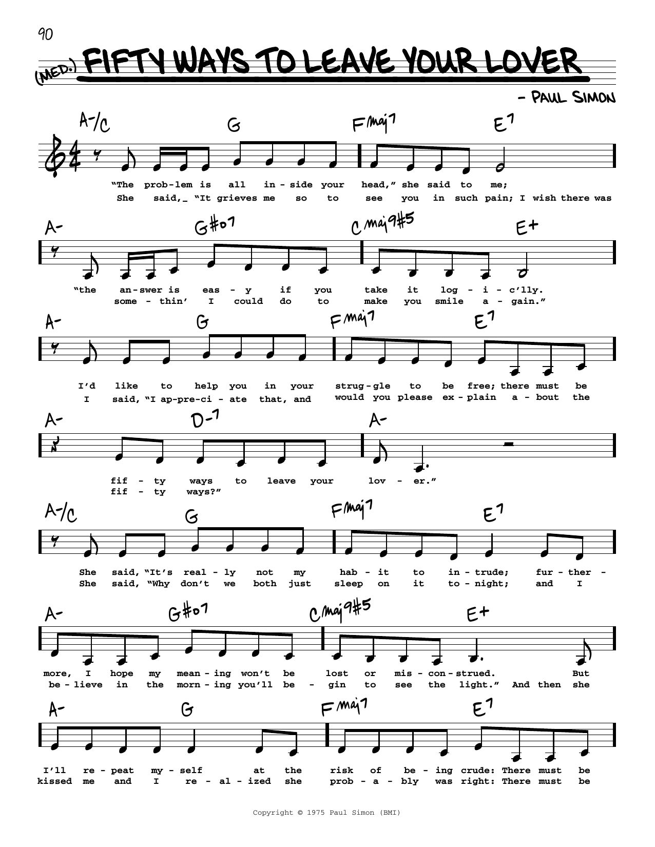 Simon & Garfunkel Fifty Ways To Leave Your Lover (Low Voice) sheet music notes and chords arranged for Real Book – Melody, Lyrics & Chords