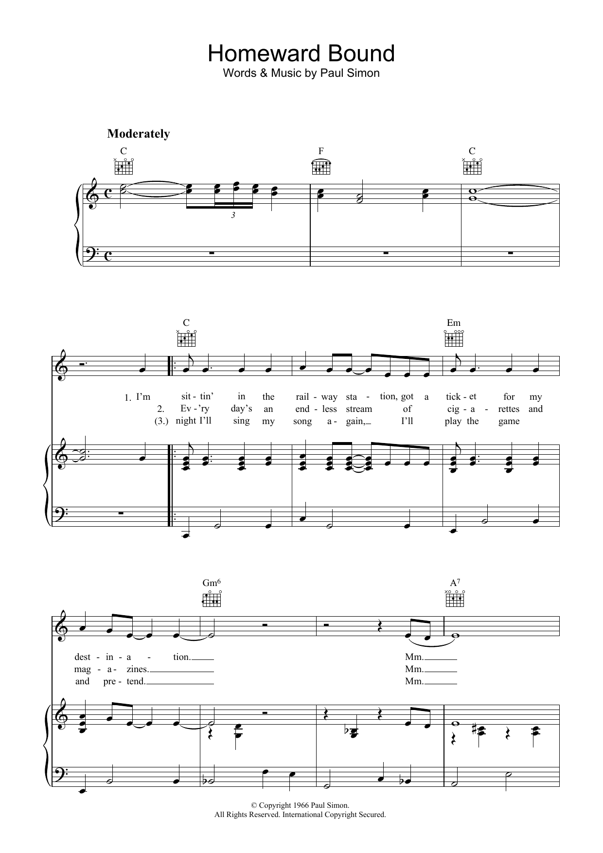 Simon & Garfunkel Homeward Bound sheet music notes and chords arranged for Piano, Vocal & Guitar Chords