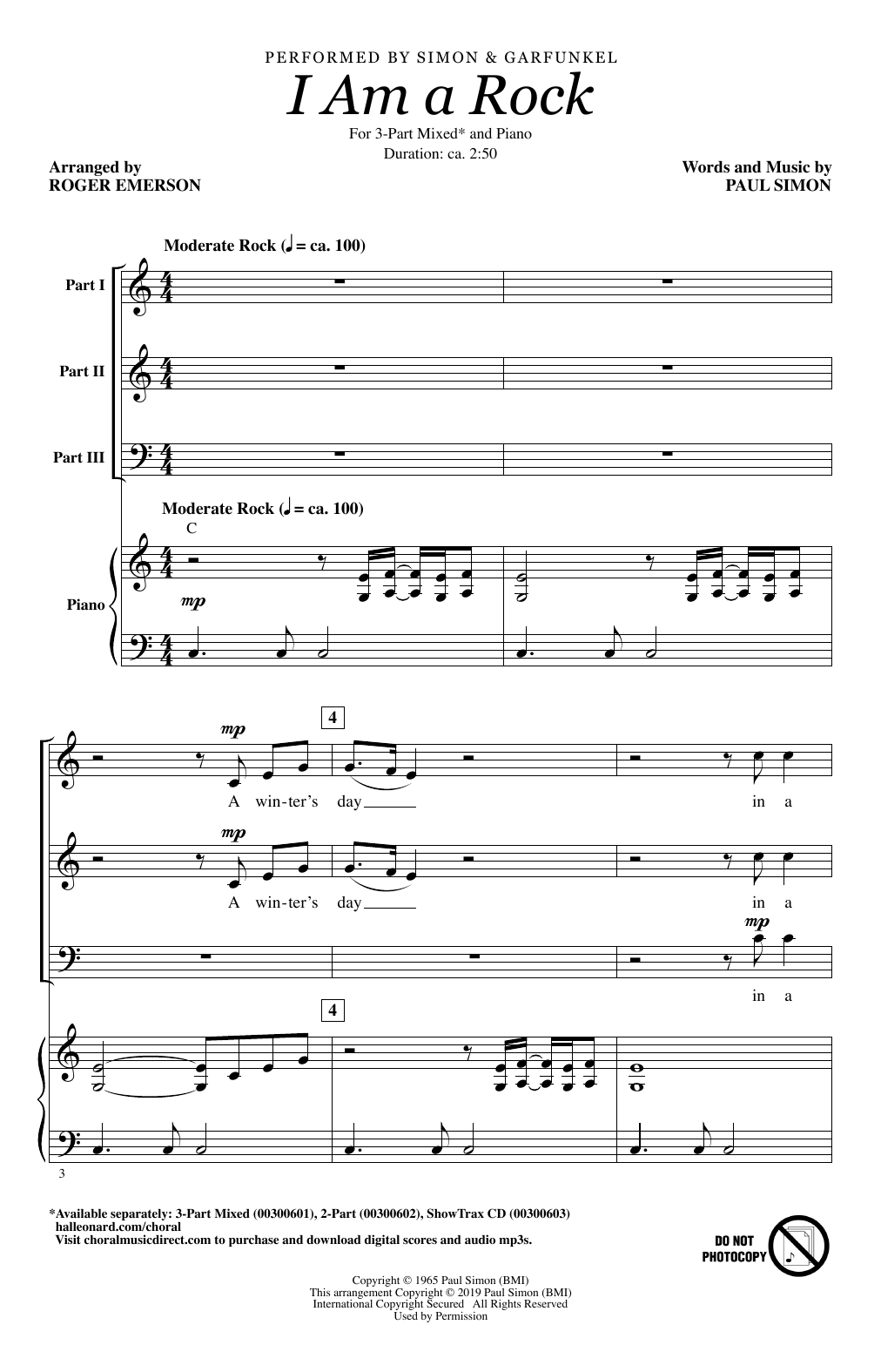 Simon & Garfunkel I Am A Rock (arr. Roger Emerson) sheet music notes and chords arranged for 3-Part Mixed Choir
